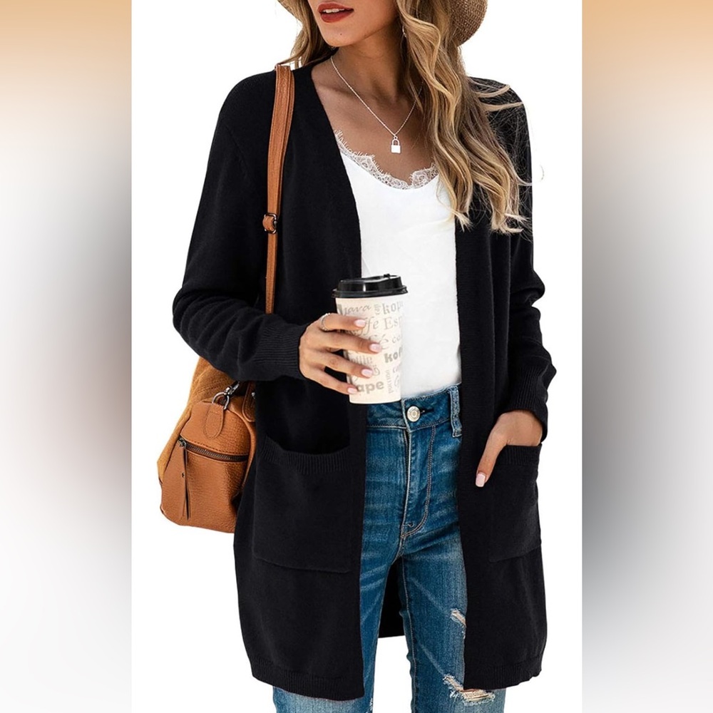 Tasamo - Black Open Front Long Sleeve Cardigan Knit Sweater with Pockets - Small